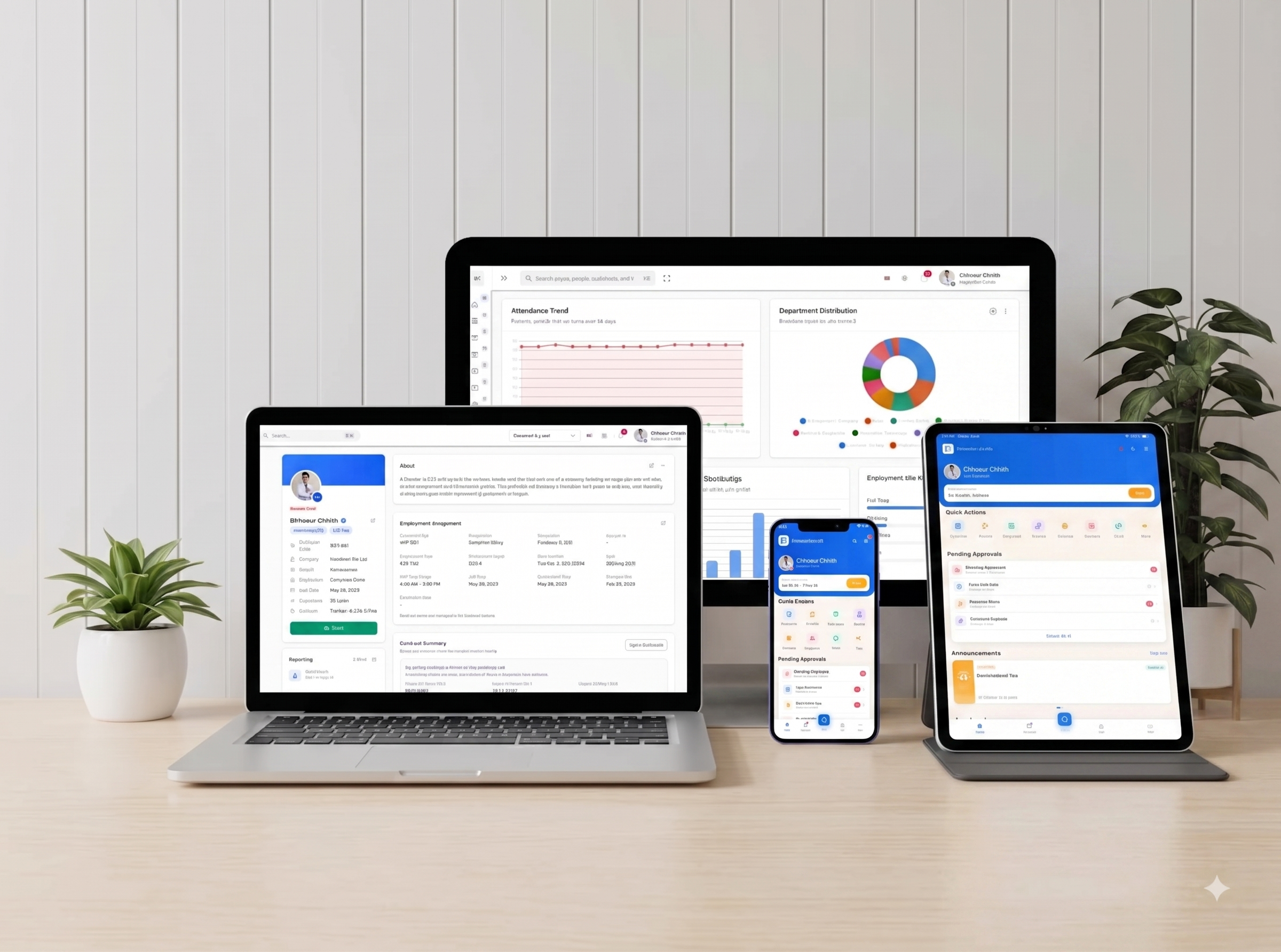 Humaneti open at once on a desktop monitor, a laptop, a tablet and a phone